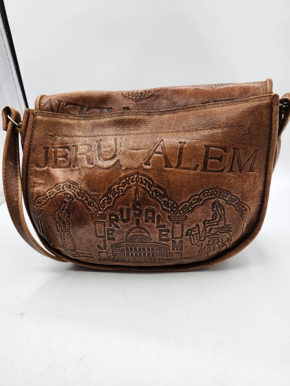 Jerusalem Embossed Leather Crossbody Vintage Bag Brown Handmade Handtooled - Picture 3 of 9